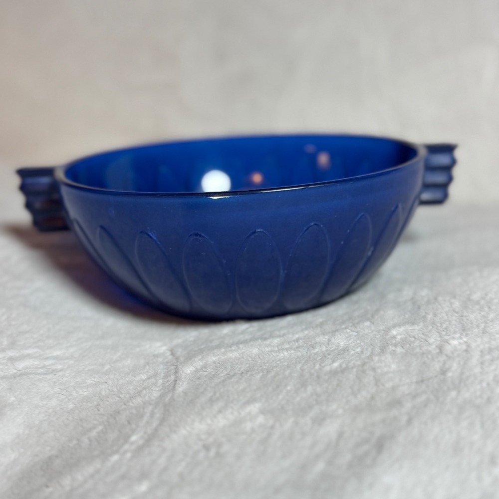 Vintage Hazel Atlas Cobalt Blue Two-Handled Diamond Arches Lg Berry/Salad Bowl